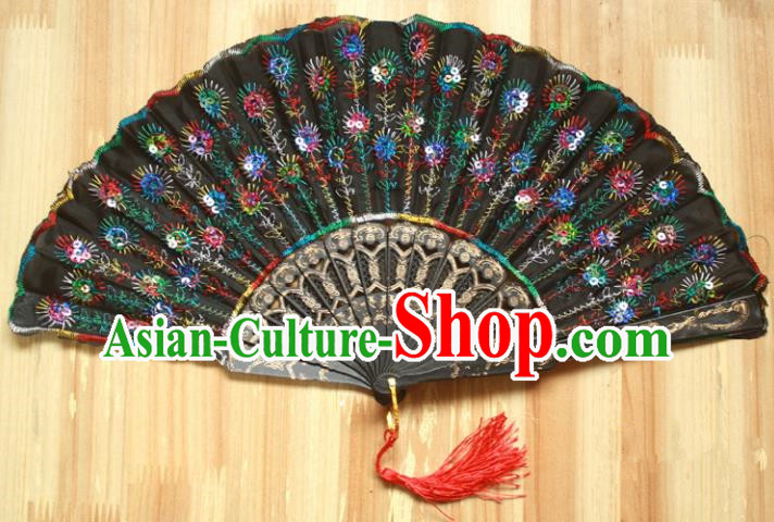 Chinese Handmade Classical Folding Fans Folk Dance Colorful Paillette Silk Accordion Fan for Women