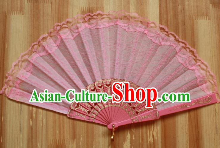 Chinese Handmade Classical Light Pink Lace Folding Fans Folk Dance Accordion Fan for Women