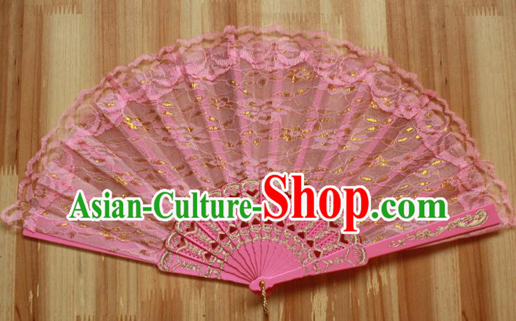 Chinese Handmade Classical Pink Lace Folding Fans Folk Dance Accordion Fan for Women