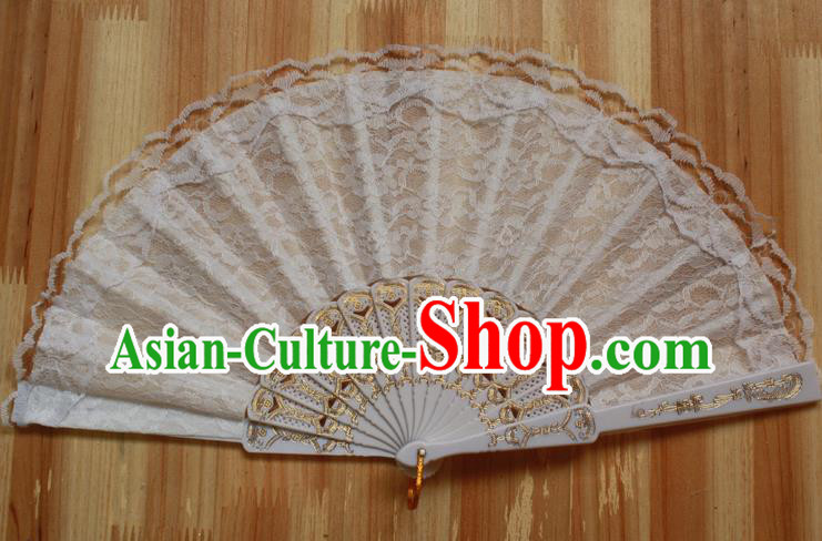 Chinese Handmade Classical White Lace Folding Fans Folk Dance Accordion Fan for Women