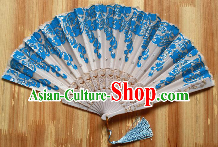 Chinese Handmade Classical Blue Folding Fans Folk Dance Accordion Fan for Women