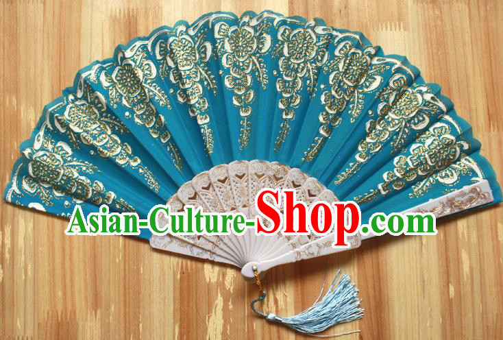 Chinese Handmade Classical Lake Blue Folding Fans Folk Dance Accordion Fan for Women