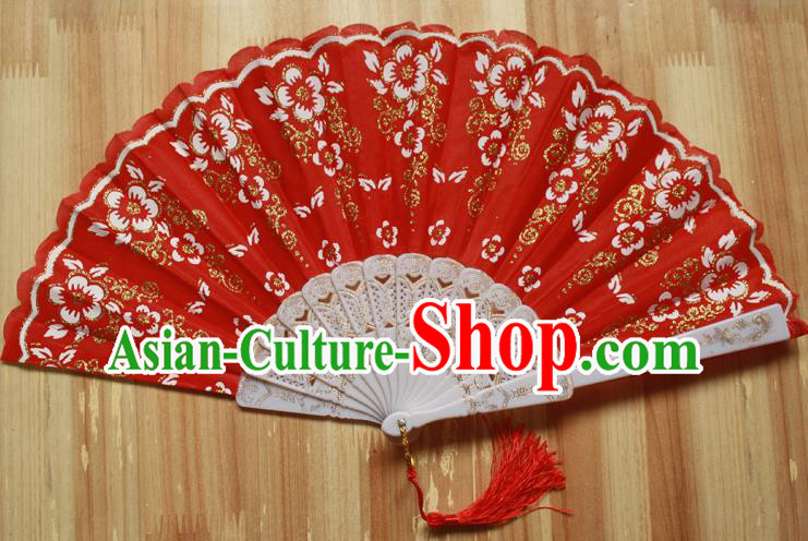 Chinese Handmade Folk Dance Red Folding Fans Classical Accordion Fan for Women