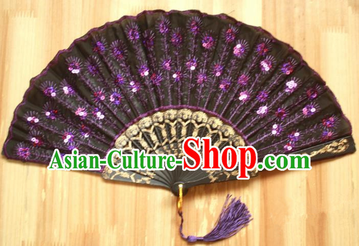 Chinese Handmade Classical Folding Fans Purple Paillette Silk Accordion Fan for Women