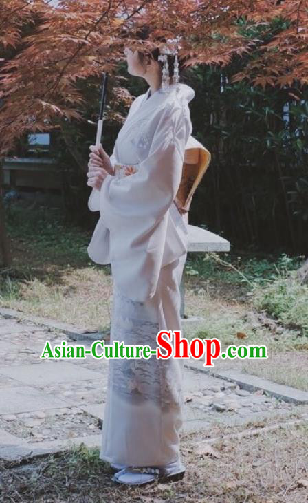 Japanese Handmade White Kimono Costume Japan Traditional Printing Yukata Dress for Women