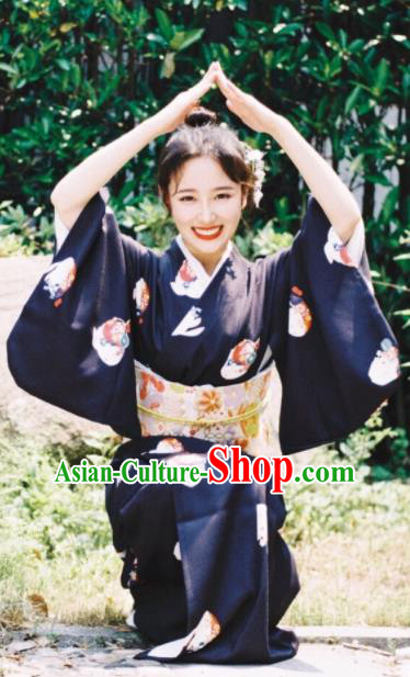 Japanese Handmade Black Kimono Costume Japan Traditional Printing Yukata Dress for Women