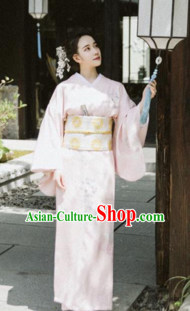 Japanese Handmade Light Pink Kimono Costume Japan Traditional Printing Yukata Dress for Women