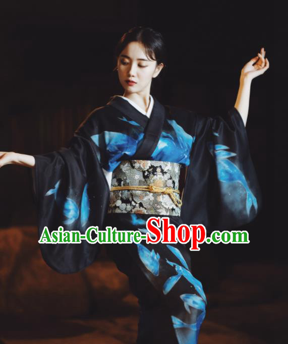 Japanese Handmade Printing Black Kimono Costume Japan Traditional Yukata Dress for Women