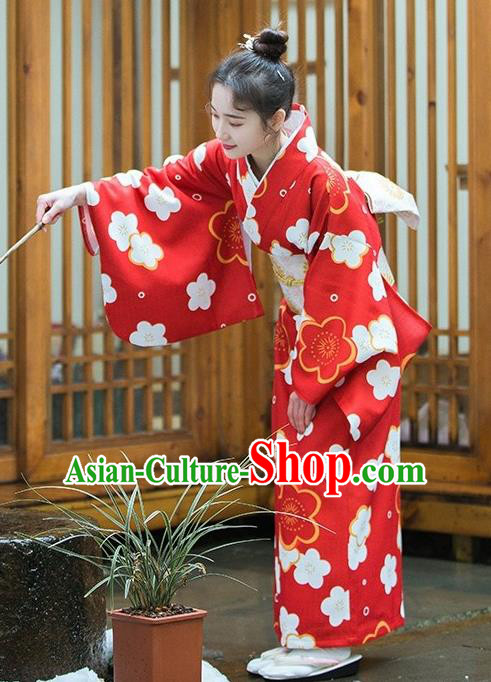 Japanese Handmade Red Kimono Costume Japan Traditional Printing Sakura Yukata Dress for Women