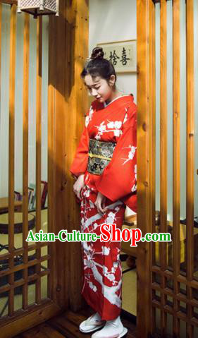 Japanese Handmade Printing Sakura Red Kimono Costume Japan Traditional Yukata Dress for Women