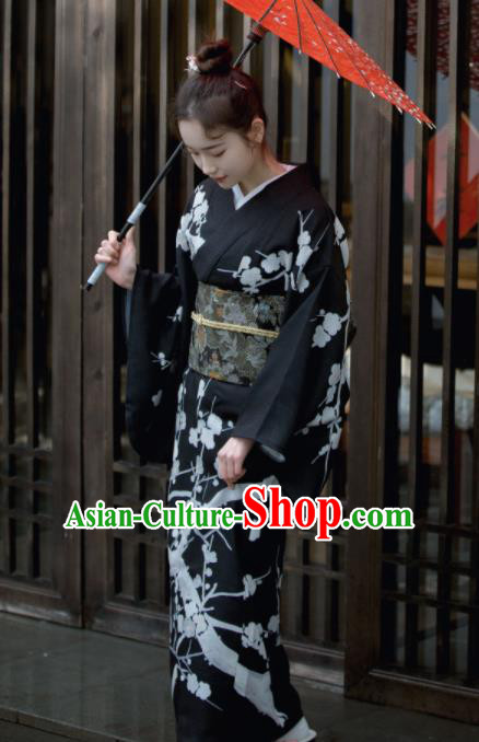 Japanese Handmade Printing Sakura Black Kimono Costume Japan Traditional Yukata Dress for Women