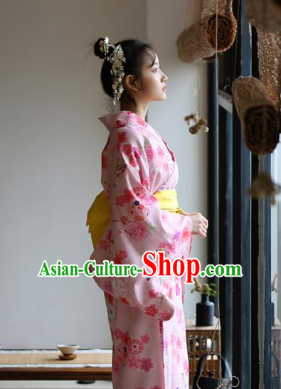Japanese Handmade Printing Sakura Pink Kimono Costume Japan Traditional Yukata Dress for Women