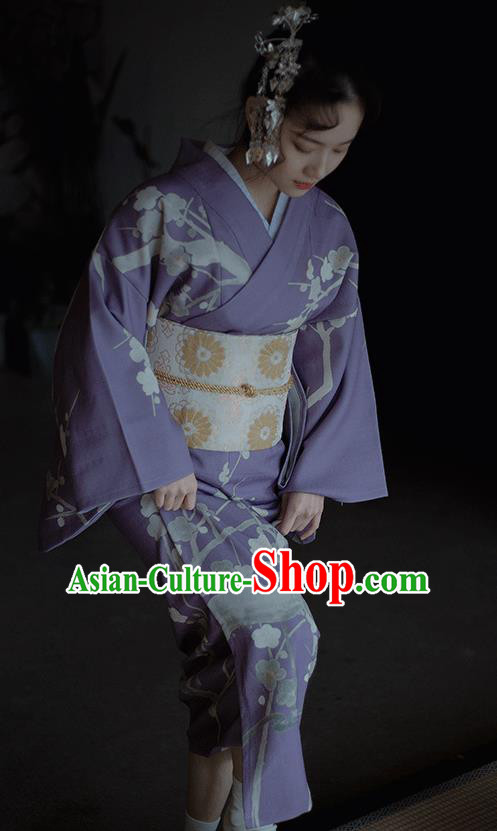 Japanese Handmade Printing Sakura Light Purple Kimono Costume Japan Traditional Yukata Dress for Women