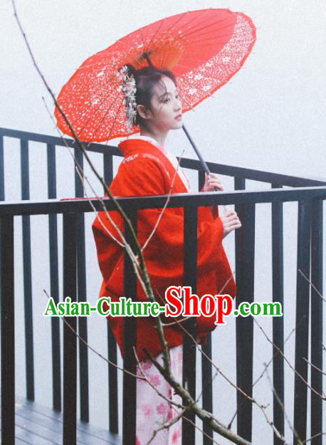 Japanese Handmade Kimono Red Haori Costume Japan Traditional Jacket for Women