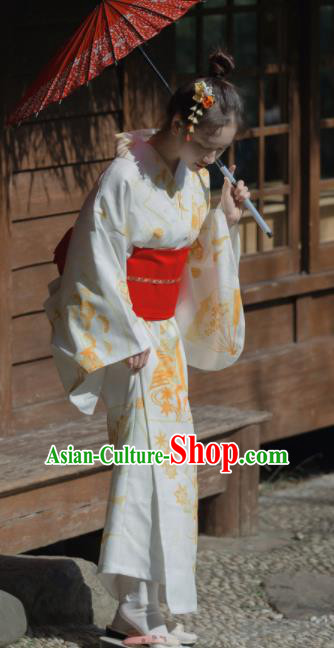 Japanese Handmade Printing White Kimono Costume Japan Traditional Yukata Dress for Women