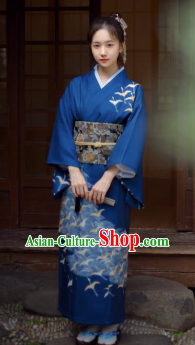 Japanese Handmade Printing Deep Blue Kimono Costume Japan Traditional Yukata Dress for Women