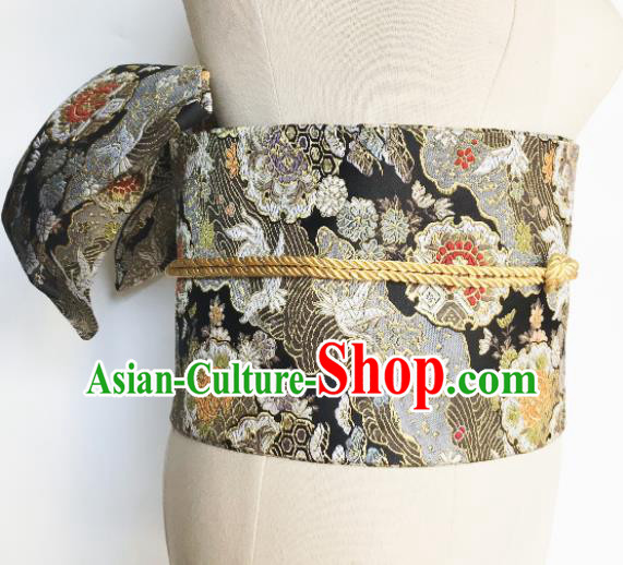 Japanese Handmade Kimono Waist Accessories Black Brocade Waistband Japan Traditional Yukata Belts for Women