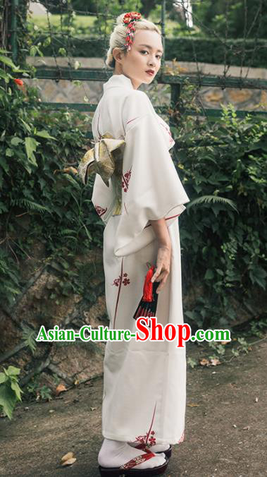 Japanese Handmade Printing White Kimono Japan Traditional Yukata Dress Costume for Women