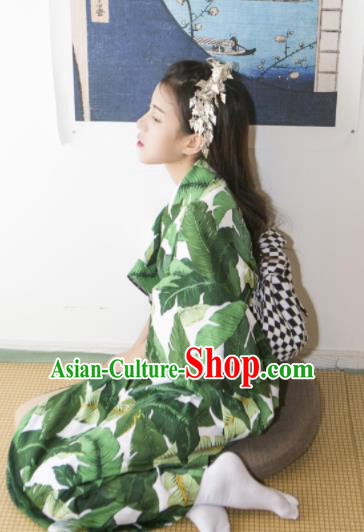 Japanese Handmade Printing Green Kimono Japan Traditional Yukata Dress Costume for Women