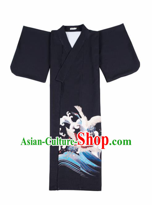 Japanese Handmade Printing Black Kimono Japan Traditional Yukata Dress Costume for Women