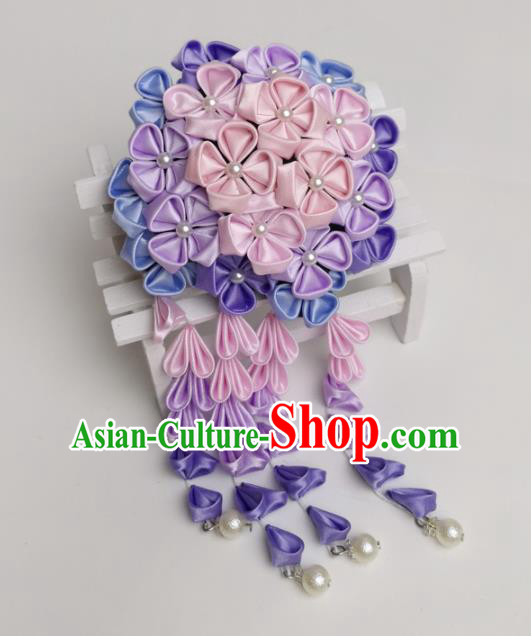 Japanese Handmade Kimono Hair Accessories Japan Traditional Yukata Purple Flowers Tassel Hairpins for Women