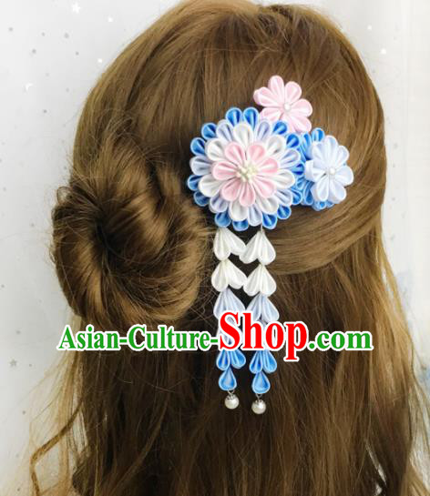 Japanese Handmade Kimono Hair Accessories Japan Traditional Yukata Blue Flowers Tassel Hairpins for Women