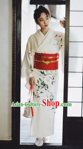 Japanese Handmade Printing Beige Kimono Costume Japan Traditional Yukata Dress for Women