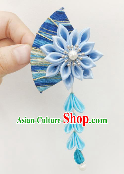 Japan Traditional Yukata Blue Fan Flowers Tassel Hair Claw Japanese Handmade Kimono Hair Accessories for Women