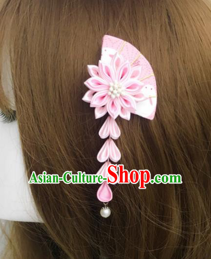 Japan Traditional Yukata Pink Fan Flowers Tassel Hair Claw Japanese Handmade Kimono Hair Accessories for Women