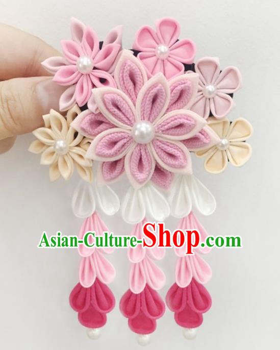 Japan Traditional Yukata Pink Flowers Tassel Hair Claw Japanese Handmade Kimono Hair Accessories for Women