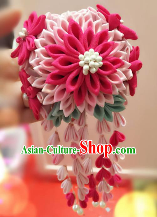 Japan Traditional Geisha Yukata Rosy Flowers Tassel Hair Claw Japanese Handmade Kimono Hair Accessories for Women
