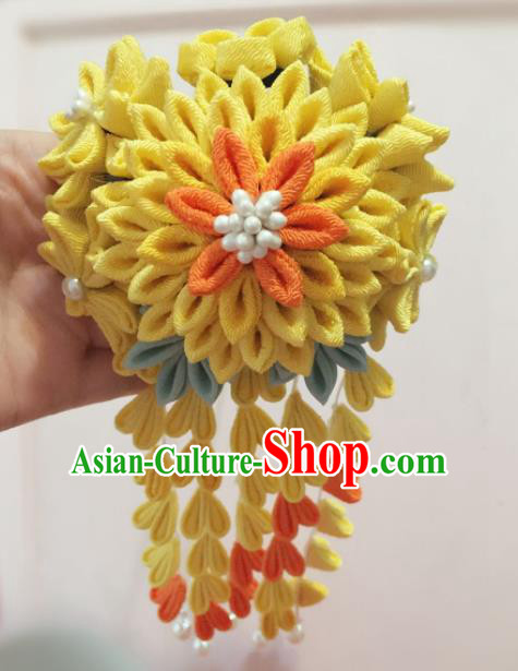 Japan Traditional Geisha Yellow Flowers Tassel Hairpins Japanese Handmade Kimono Hair Accessories for Women