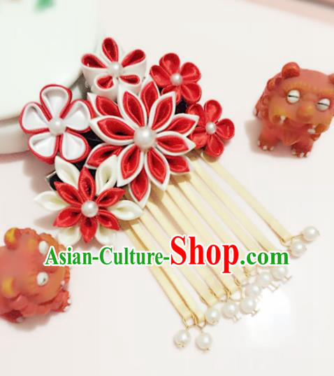 Japanese Traditional Geisha Red Sakura Tassel Hairpins Japan Handmade Kimono Hair Accessories for Women