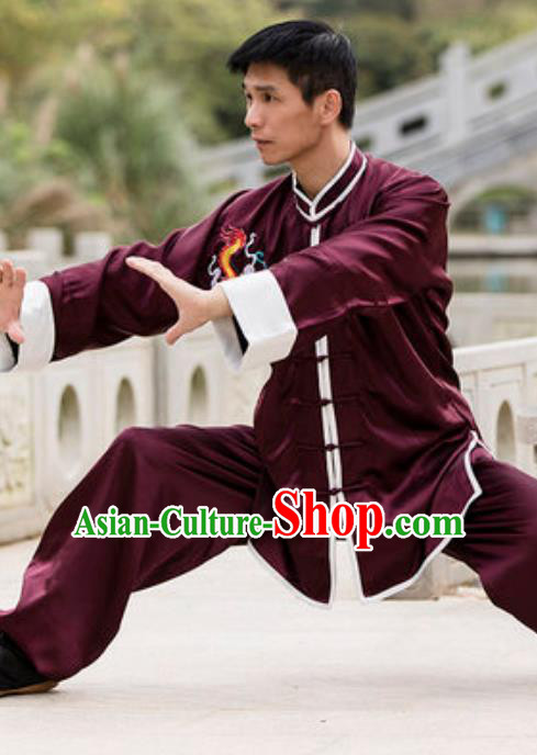 Top Chinese Traditional Tai Chi Wine Red Costume Martial Arts Training Uniform Kung Fu Wushu Clothing for Men