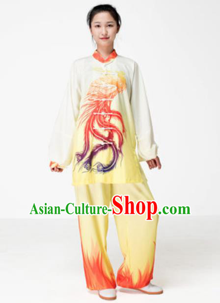 Chinese Traditional Tai Chi Printing Phoenix Yellow Costume Martial Arts Training Uniform Kung Fu Wushu Clothing for Women