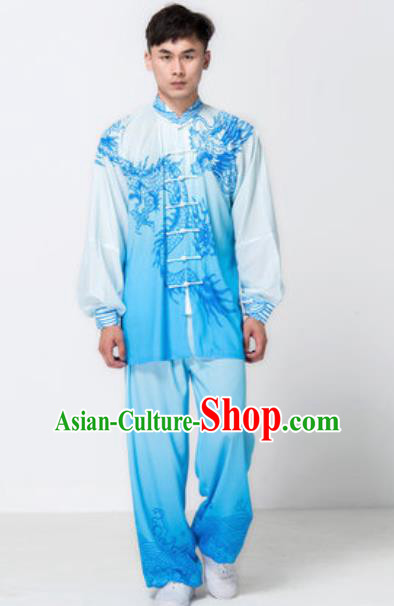 Top Chinese Traditional Tai Chi Printing Dragon Blue Costume Martial Arts Training Uniform Kung Fu Wushu Clothing for Men