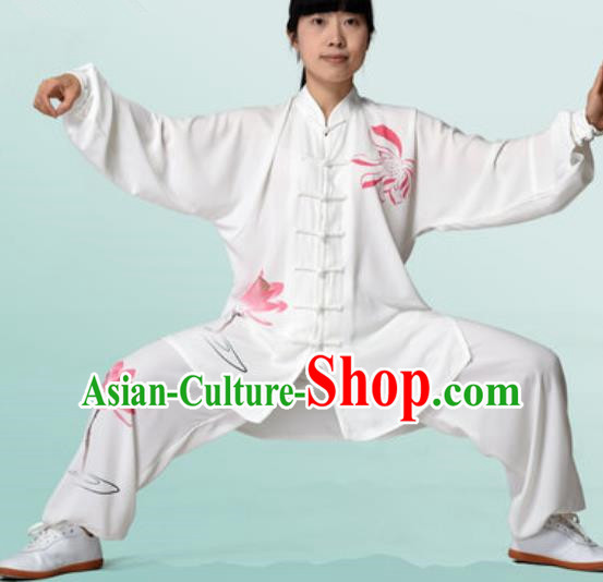 Chinese Traditional Tai Chi Printing Lotus White Costume Martial Arts Training Uniform Kung Fu Wushu Clothing for Women