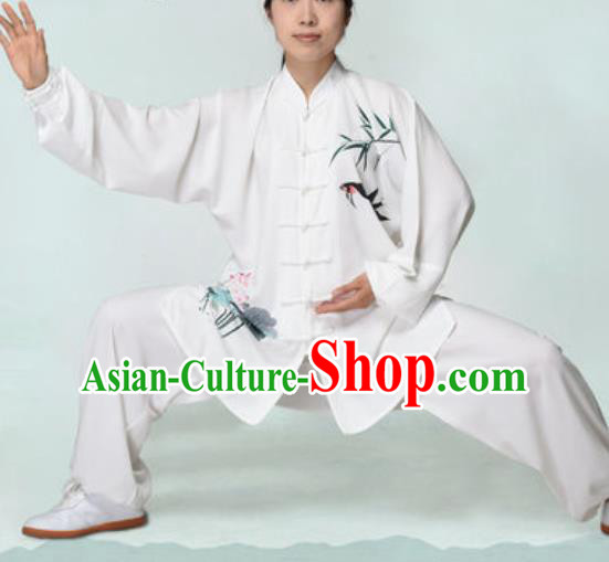 Chinese Traditional Tai Chi Printing Bamboo White Costume Martial Arts Training Uniform Kung Fu Wushu Clothing for Women