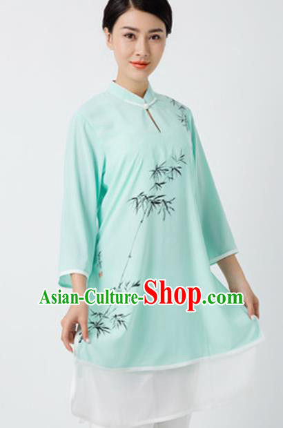 Chinese Traditional Tai Chi Printing Bamboo Green Costume Martial Arts Uniform Kung Fu Wushu Clothing for Women