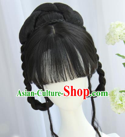 Handmade Chinese Traditional Hanfu Blunt Bangs Wigs Sheath Ancient Nobility Lady Chignon for Women