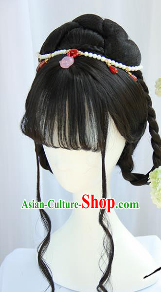 Handmade Chinese Traditional Hanfu Blunt Bangs Wigs Sheath Ancient Nobility Lady Chignon for Women