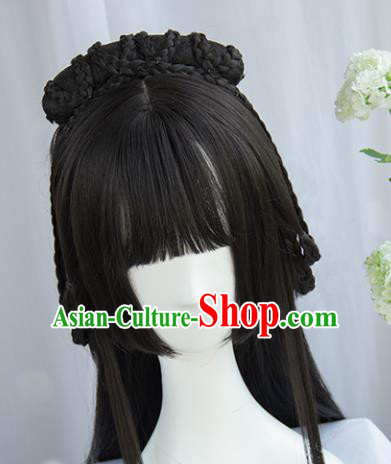 Handmade Chinese Traditional Hanfu Blunt Bangs Wigs Sheath Ancient Princess Chignon for Women