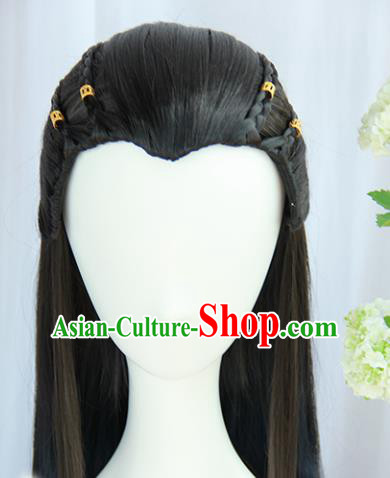 Chinese Traditional Hanfu Wigs Sheath Ancient Swordsman Hairpiece Handmade Chignon for Men