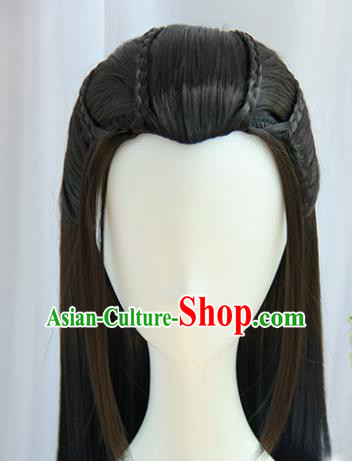 Chinese Traditional Hanfu Swordsman Wigs Sheath Ancient Prince Hairpiece Handmade Chignon for Men