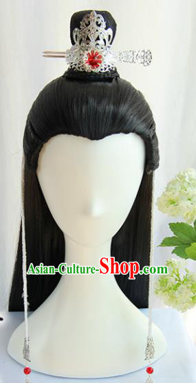 Chinese Traditional Tang Dynasty Prince Hanfu Wigs Sheath Ancient Swordsman Hairpiece Handmade Chignon for Men