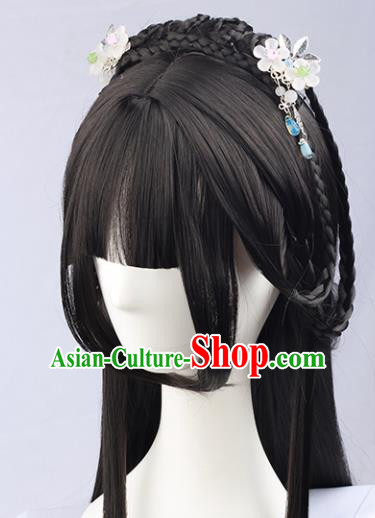 Handmade Chinese Traditional Princess Hanfu Blunt Bangs Black Wigs Sheath Ancient Nobility Lady Chignon for Women