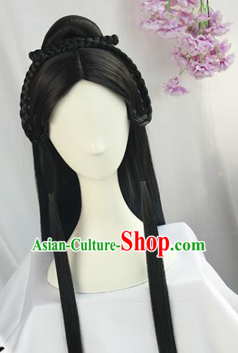 Handmade Chinese Traditional Hanfu Black Wigs Sheath Ancient Han Dynasty Imperial Consort Chignon for Women