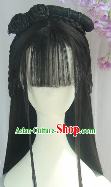 Handmade Chinese Ancient Tang Dynasty Princess Blunt Bangs Chignon Traditional Hanfu Wigs Sheath for Women