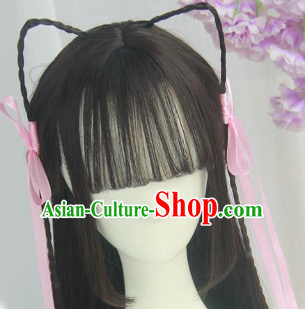 Handmade Chinese Ancient Tang Dynasty Young Lady Blunt Bangs Chignon Traditional Hanfu Wigs Sheath for Women