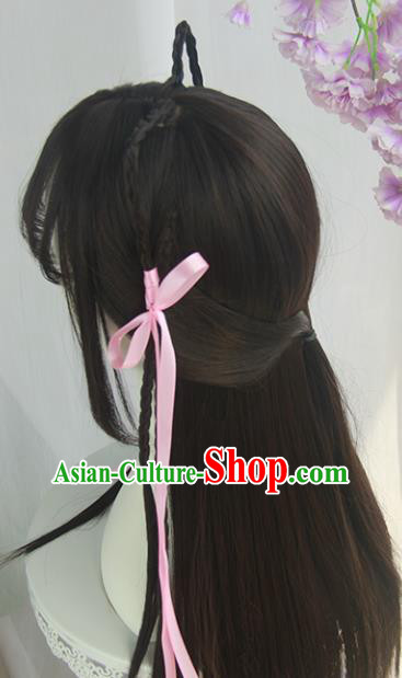 Handmade Chinese Ancient Tang Dynasty Young Lady Blunt Bangs Chignon Traditional Hanfu Wigs Sheath for Women